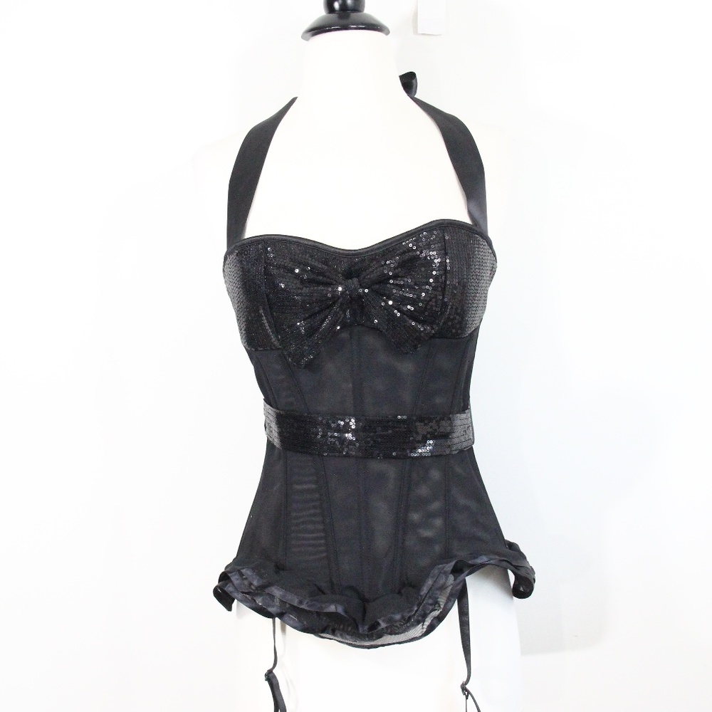 Adore Me Corset Top Women Lingerie Medium Sequins Halter Garter straps